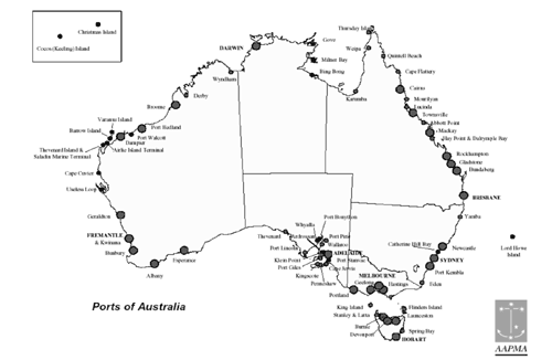 Map showing major ports of Australia